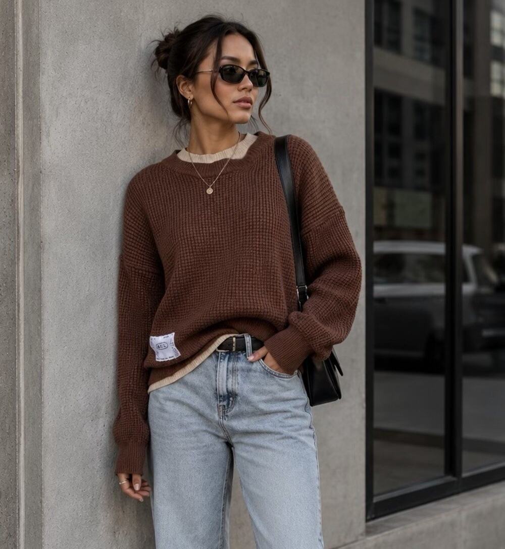 Aelfric Eden Fake Two-Piece Waffle Knit Sweater Coffee Brown Streetwear Sz Small